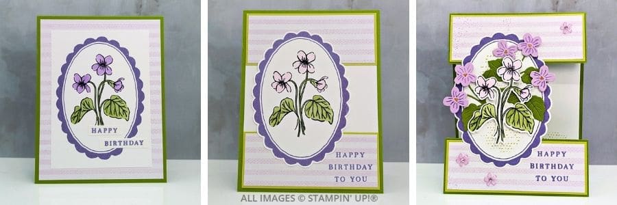 3 Birthday Cards Using the Framed Violets Bundle features three handmade birthday cards created with the Stampin' Up!&reg; Framed Violets Bundle in Highland Heather, Granny Apple Green, and Lemon Lime Twist, progressing from simple to an elegant fun fold design.