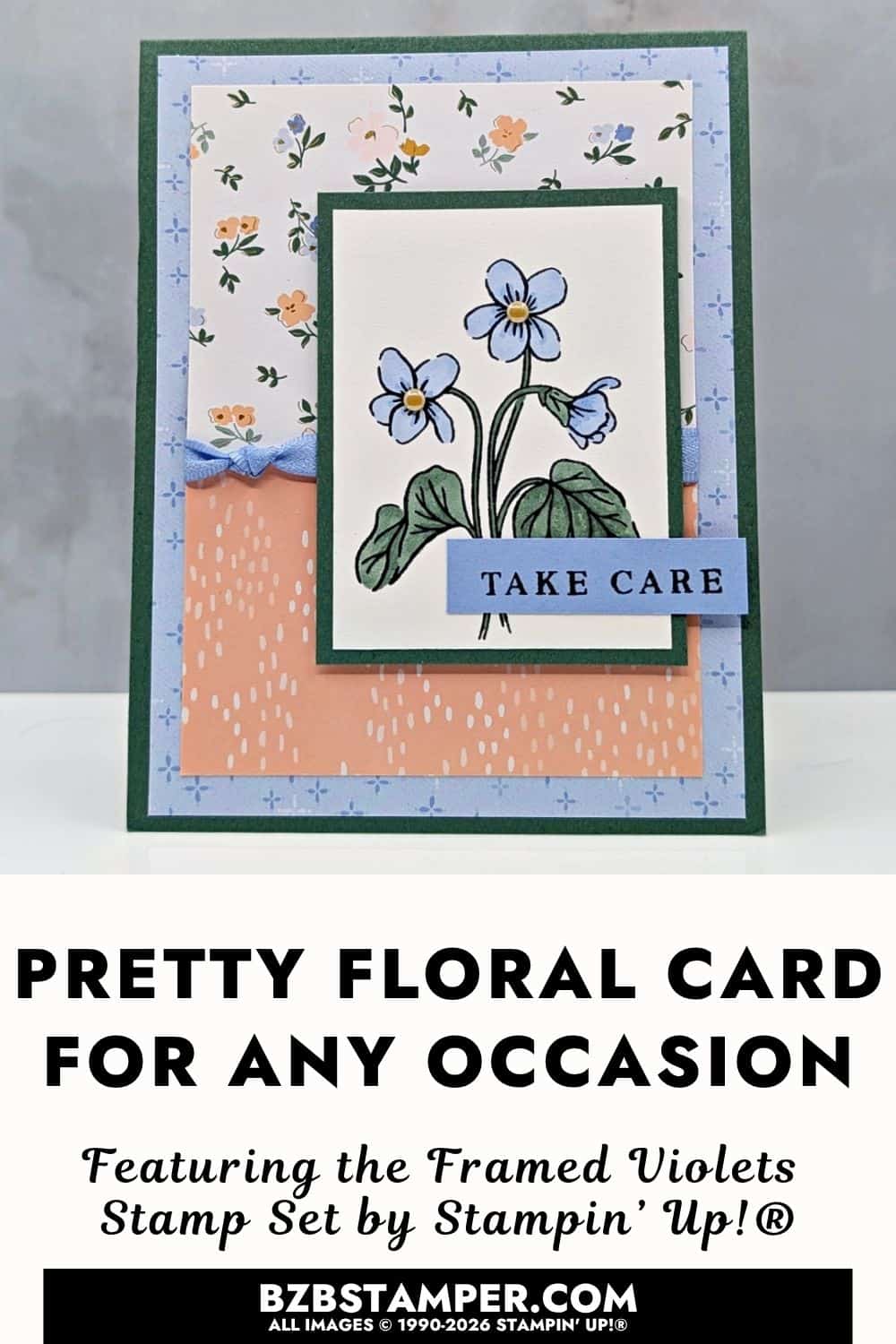Coffee and Card using the Framed Violets Stamp Set 3 Coffee and Card using the Framed Violets Stamp Set features a handmade card with Stampin’ Up!® Framed Violets Stamp Set and floral paper.