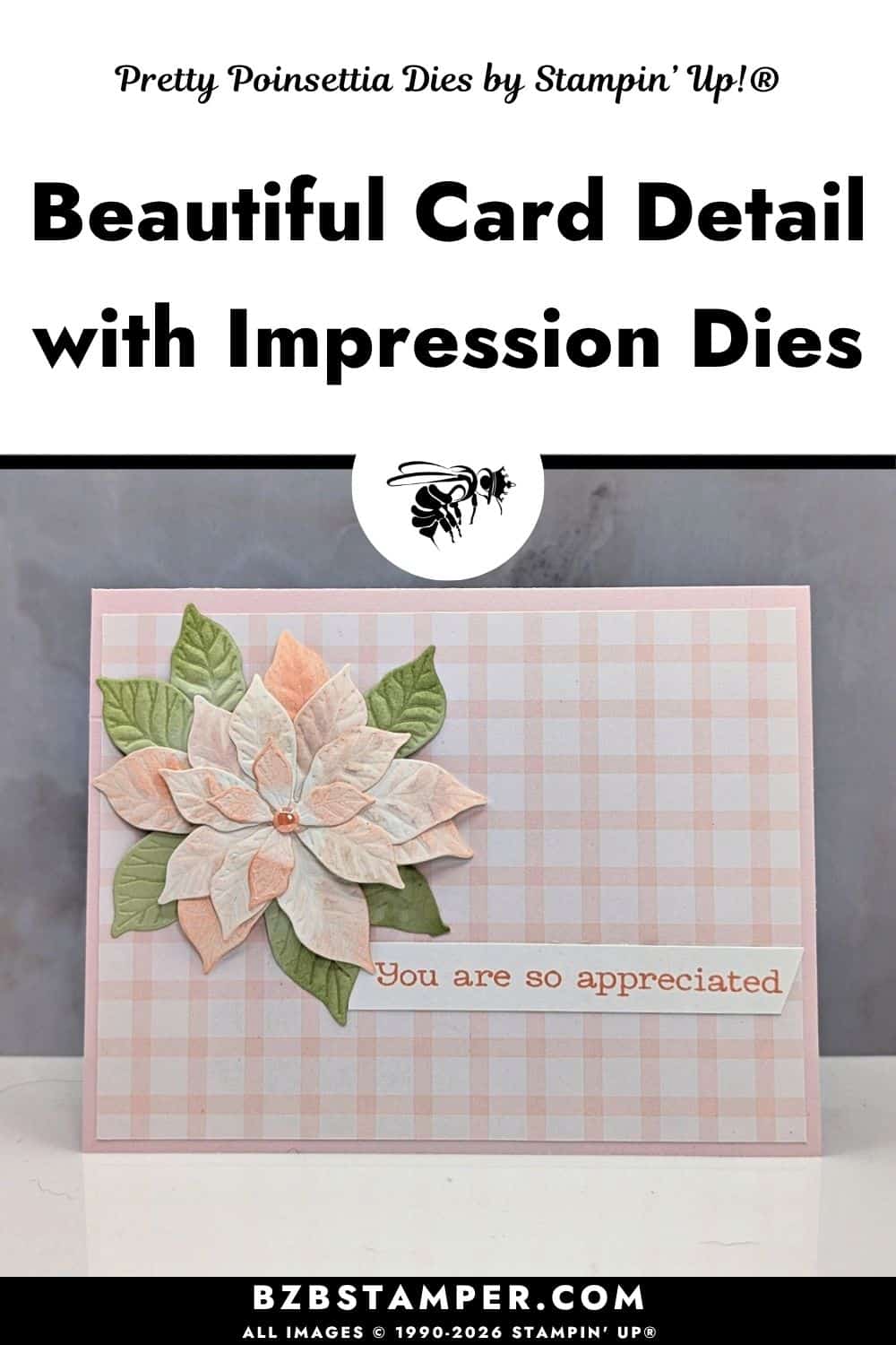 Coffee & A Card: Using Impression Dies for Beautiful Card Detail features a handmade thank-you card created with the Stampin' Up!&reg; Poinsettia Dies and Impressions Plate in Barely Blush, Crisp Cantaloupe, and Soft Sea Foam.