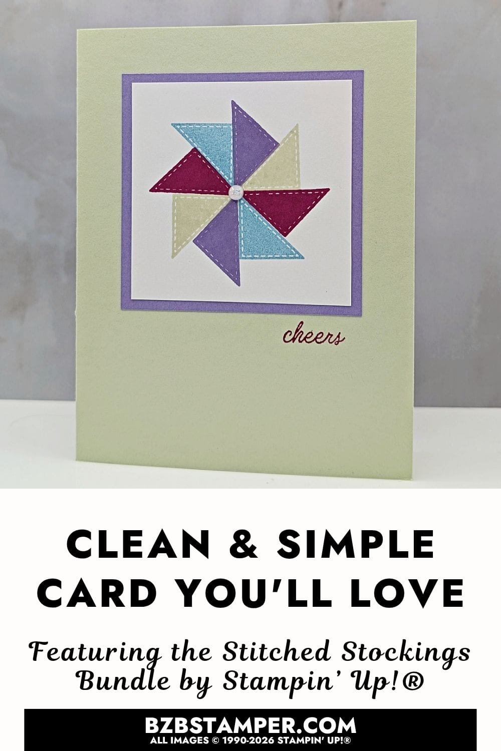 Easy All-Occasion Card with the Stitched Stockings Stamp Set features a handmade Stampin' Up!&reg; all-occasion card with a colorful stamped pinwheel in Soft Sea Foam, Highland Heather, Balmy Blue, and Berry Burst.