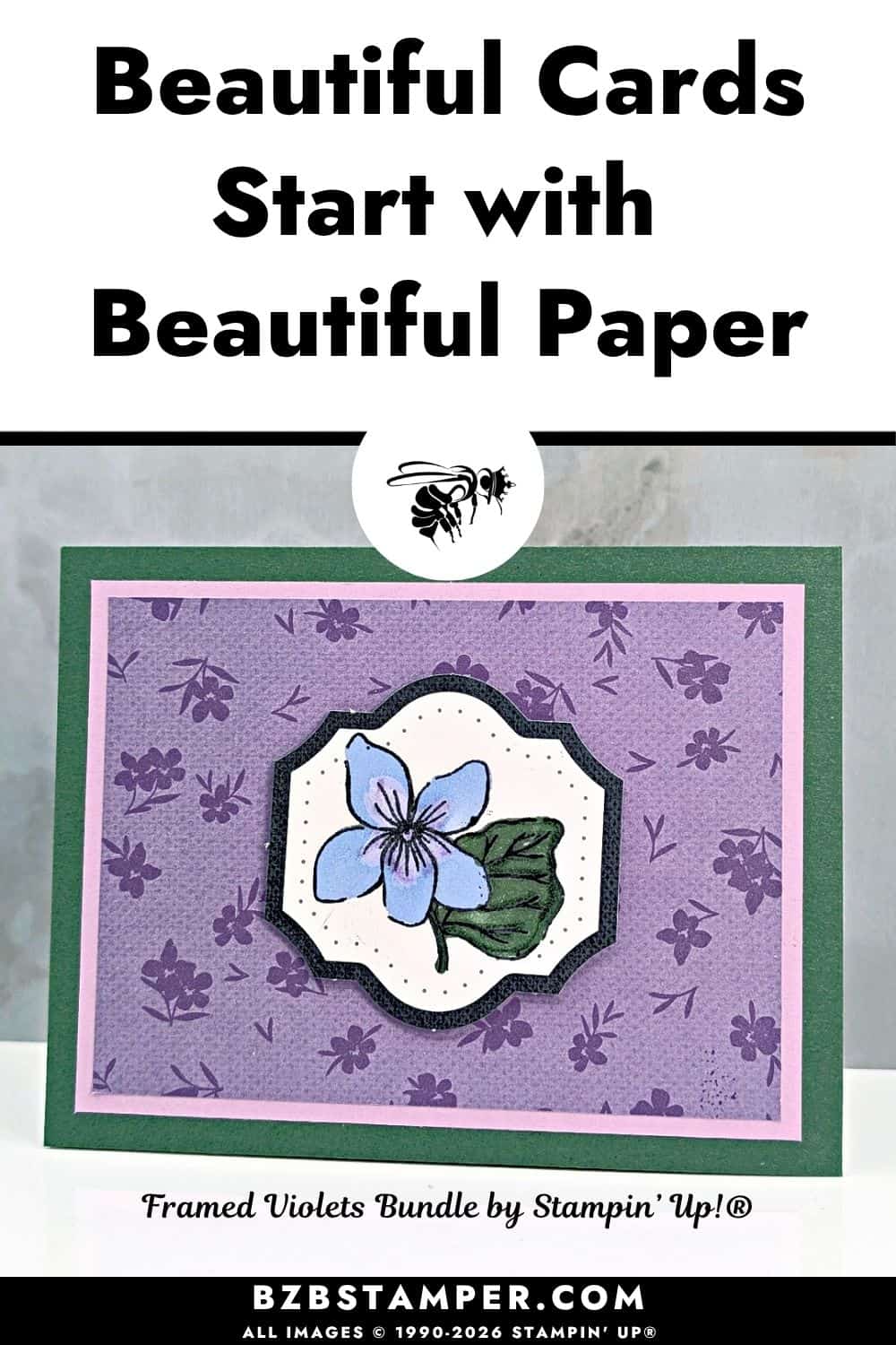 Easy Floral Card with the Framed Violets Stamp Set features a handmade Stampin' Up!&reg; floral card using the Framed Violets Stamp Set, Violet Dreams Specialty Designer Series Paper, and Stampin' Blends in Peaceful Pine, Hydrangea Hue, Highland Heather, and Fresh Freesia.