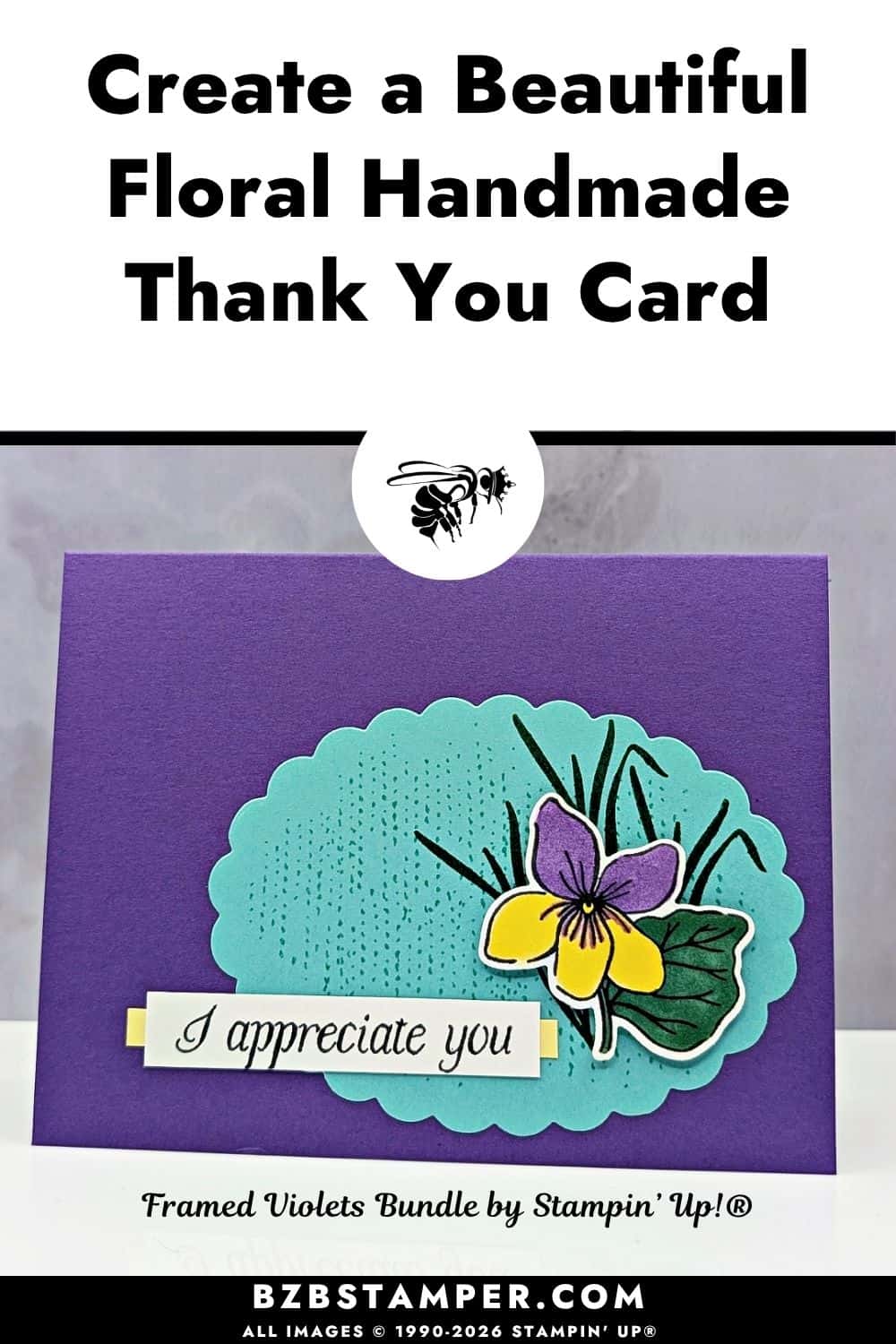 Easy Thank You Card with the Framed Violets Bundle features a handmade Stampin' Up!&reg; thank you card with die-cut violets colored using Stampin' Blends in Gorgeous Grape, Coastal Cabana, and Lemon Lolly.