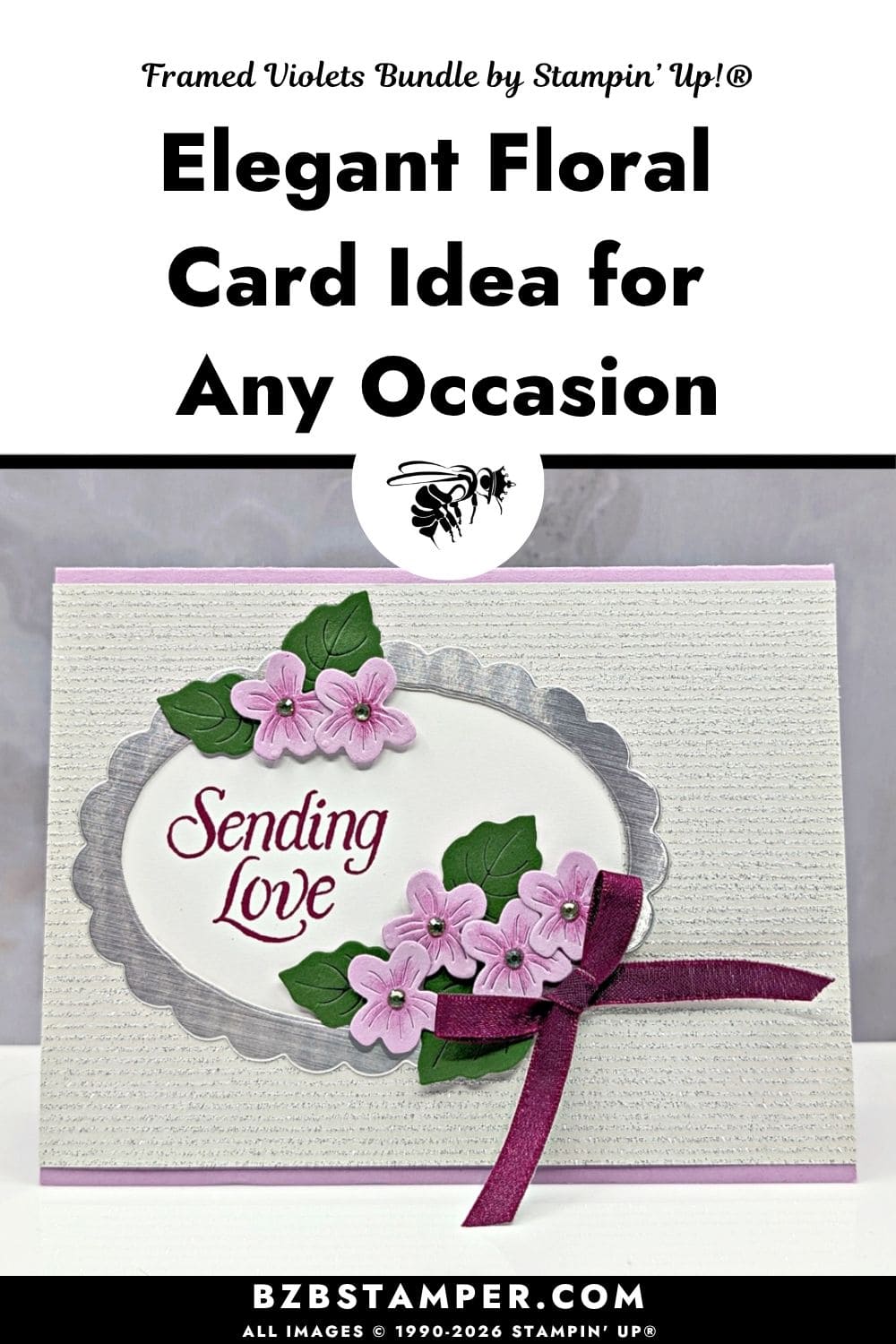 Elegant Floral Card with the Framed Violets Bundle features a handmade Stampin&rsquo; Up!&reg; thinking of you card with the Framed Violets Bundle, Silver Foil, Shimmery Stripes Specialty Designer Series Paper, and Berry Burst Shiny Ribbon.
