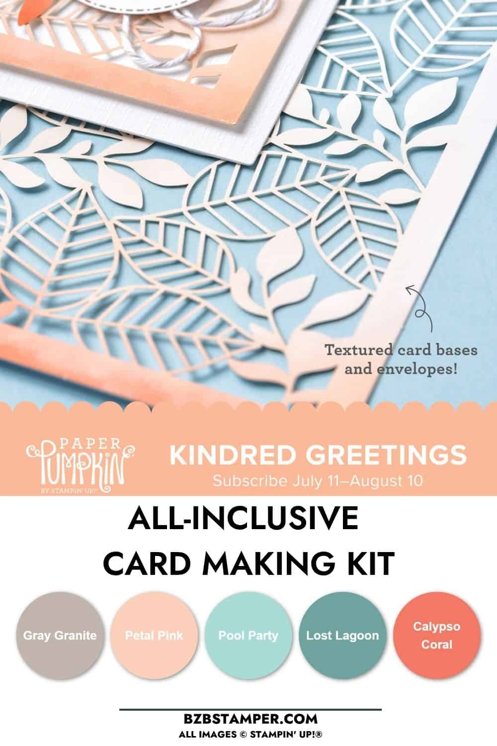 Monthly Crafting Subscription Box 4 Close-up of a handmade card with delicate white die-cut leaves layered over a soft blue background. A peach-colored panel with a heartfelt greeting and gray twine sits on top, highlighting the elegant monochromatic design featured in the Kindred Greetings Paper Pumpkin Kit.