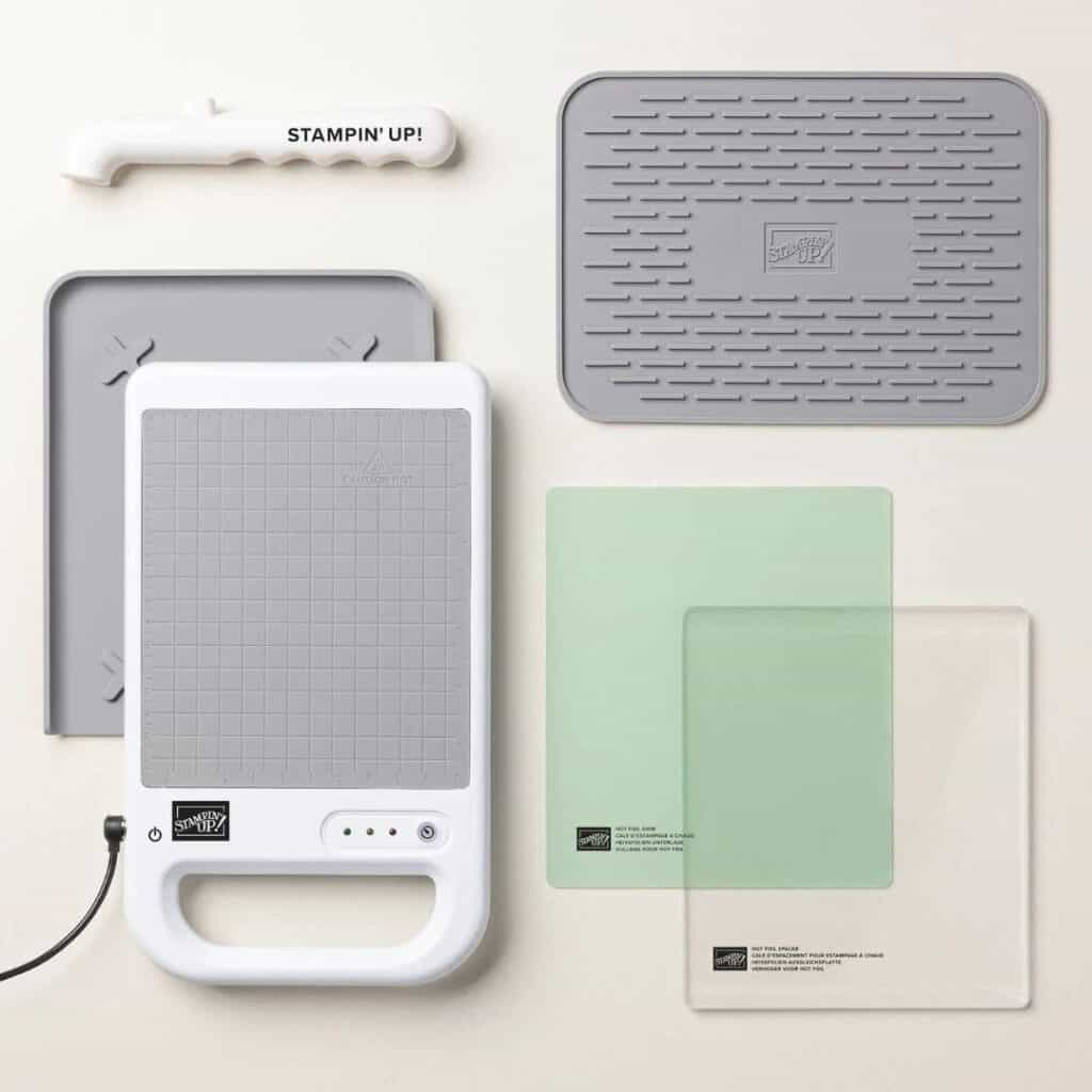 Stampin' Up! Hot Foil System with platform, magnetic pick-up tool, silicone station, shim, spacer, and cooling pad.