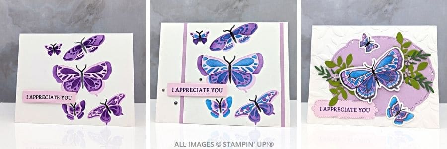 3 Cards using the Butterfly Flight Bundle show a Step It Up Stamping progression from simple masked butterflies to a detailed Hot Foil butterfly card.