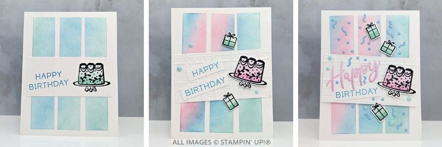Three versions of a birthday card using the Words & Wishes Bundle, progressing from simple stamping to layered die-cut details.