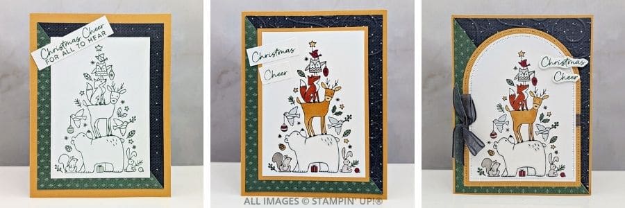 3 Cards using the Woodland Wishes Stamp Set featuring three handmade Christmas cards in Golden Glow, Peaceful Pine and Secret Sea.