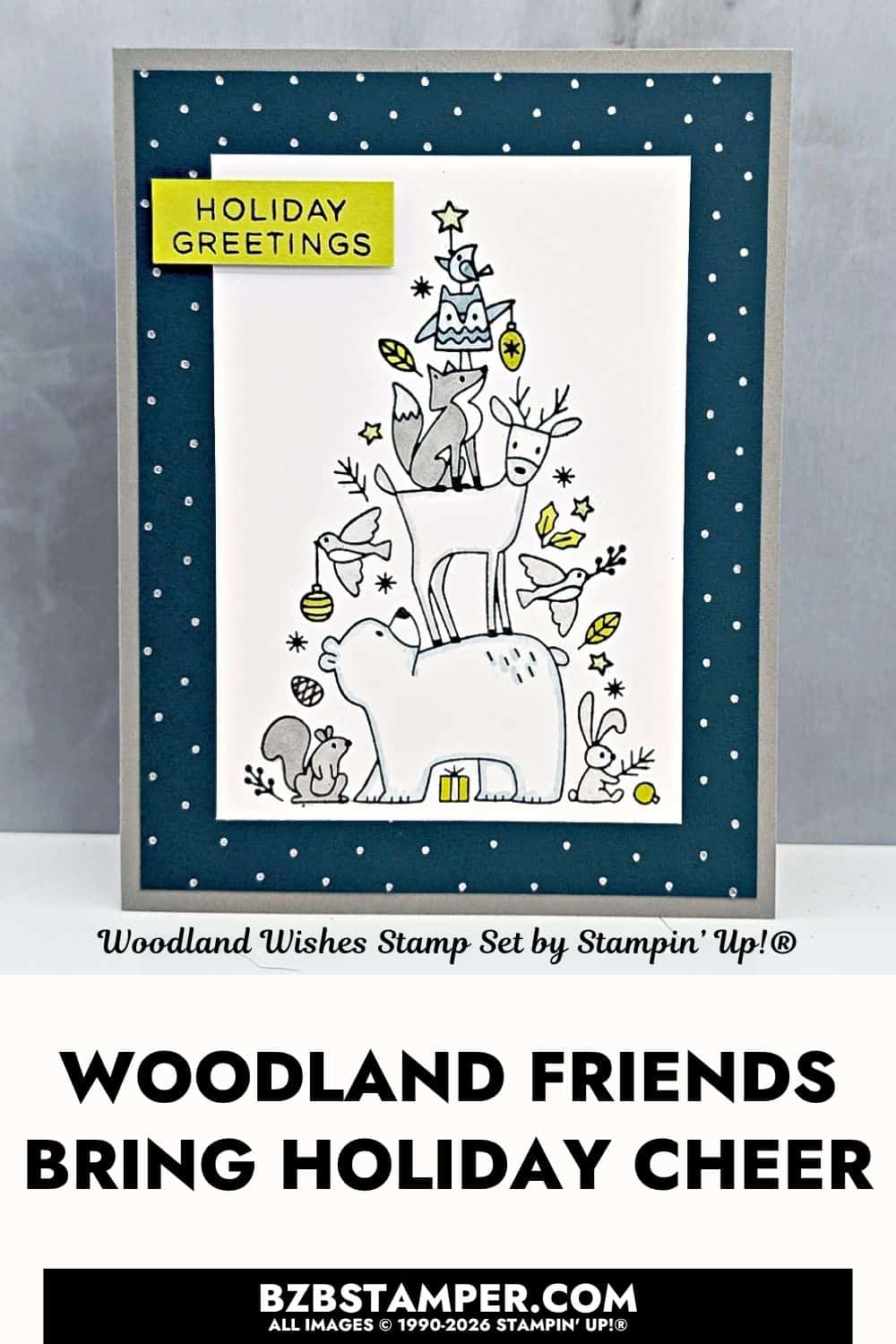 Modern Christmas Card using the Woodland Wishes Bundle featuring a whimsical stack of animals with bright Lemon Lime Twist accents.