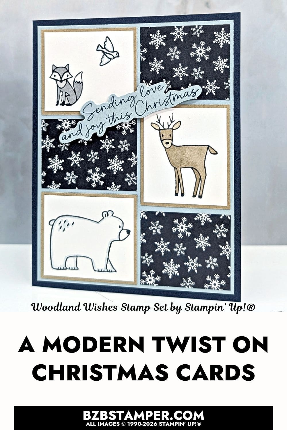 Easy Christmas Card Layout using the Woodland Wishes Bundle featuring woodland animals, snowflake paper and a Secret Sea, Cloud Cover and Crumb Cake color combination.