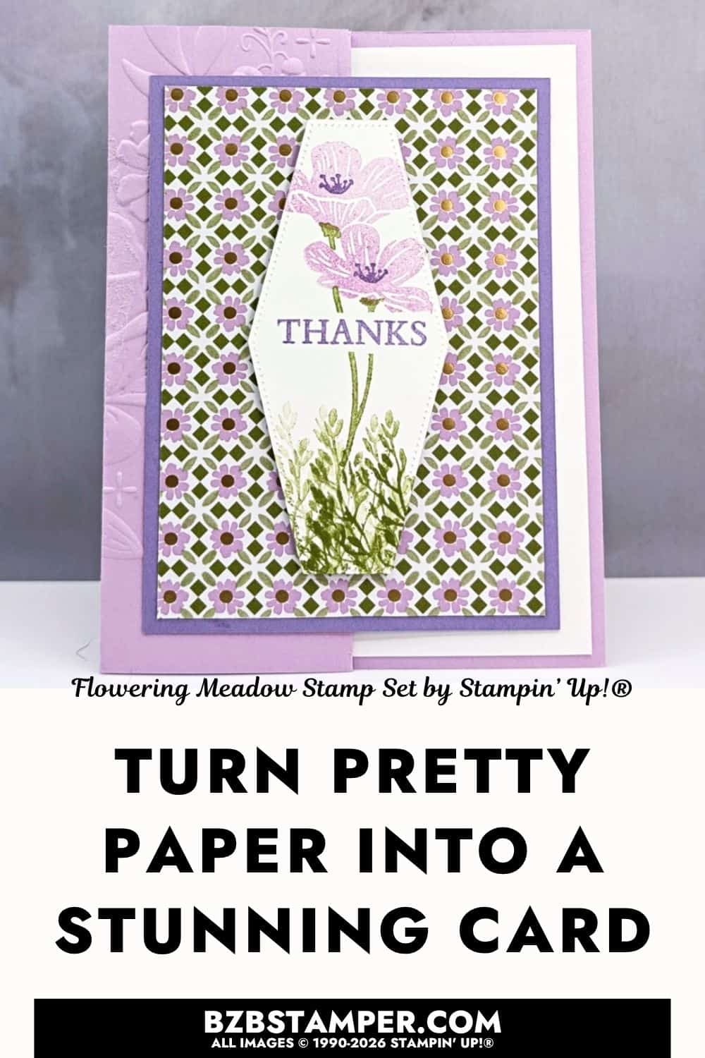 Fun fold Thank You Card using the Flowering Meadow Stamp Set Lovely & Beautiful Specialty Designer Series Paper, and Fresh Freesia, Highland Heather, and Old Olive.