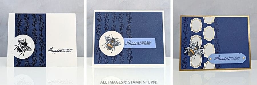 3 Cards using the Flourish & Frames Bundle featuring bee birthday cards stepped up from simple stamping to elegant gold Hot Foil details.
