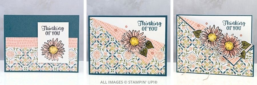 3 Cards featuring the Radiant Sunflowers Bundle show Busy Bee, Worker Bee, and Queen Bee Thinking of You sunflower card ideas stepped up from simple to detailed.