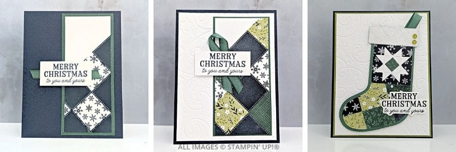 3 Christmas Cards using the Stitched Stockings Bundle 1 3 Christmas Cards using the Stitched Stockings Bundle featuring quilt-inspired squares and a patchwork stocking in Secret Sea, Peaceful Pine, and Old Olive.