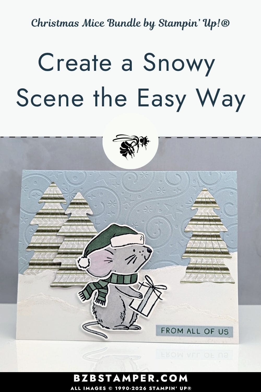Cute Christmas Card with an Easy Winter Scene featuring a Christmas mouse holding a gift among snowy hills and patterned paper evergreen trees.