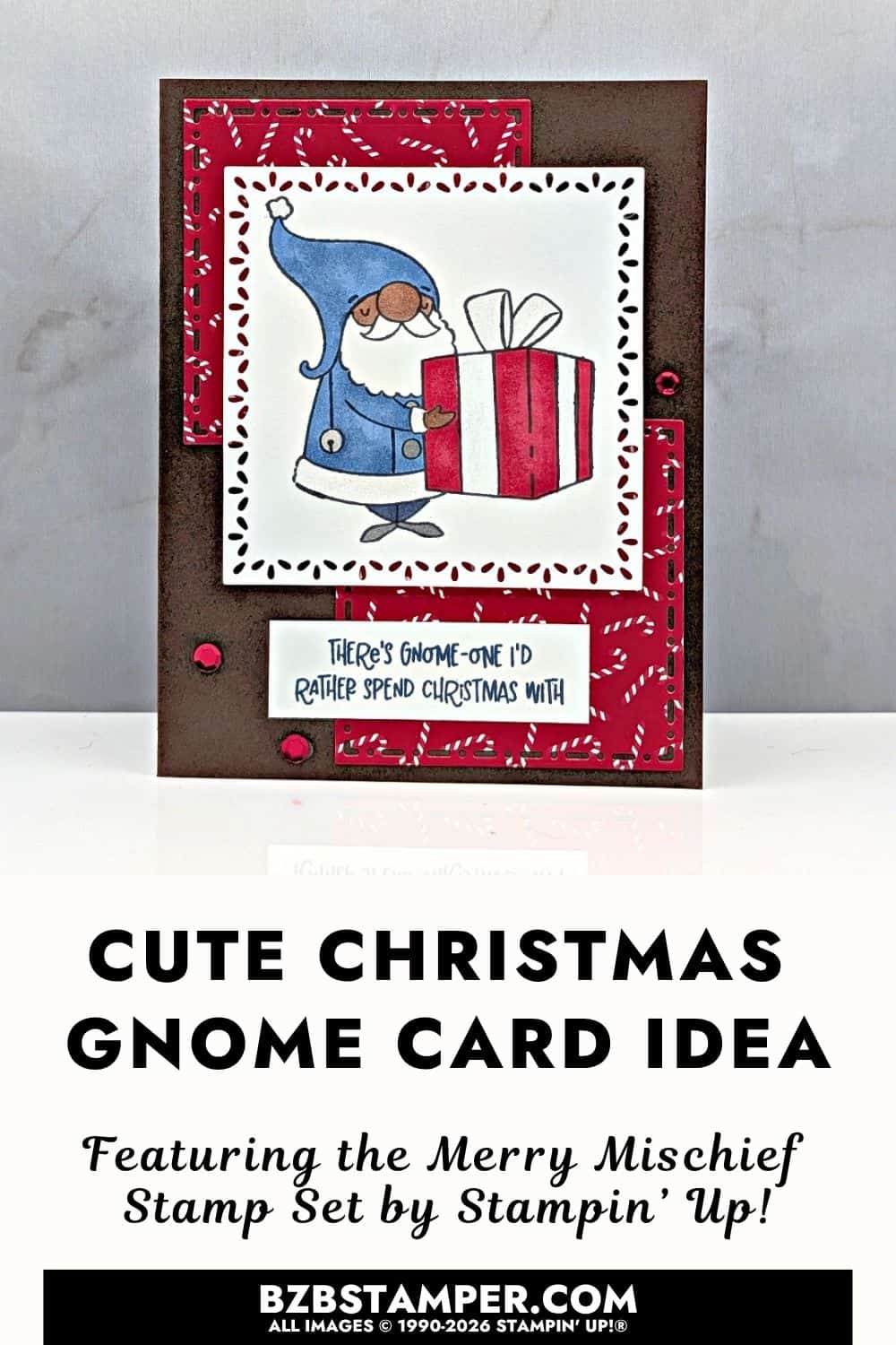 Cute Gnome Christmas Card using the Merry Mischief Stamp Set featuring a gift-holding gnome, layered red patterned-paper squares, and a fun Christmas greeting.