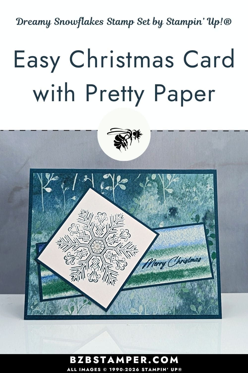 Easy Christmas Card with Whispering Woods Designer Paper featuring a large snowflake with Pretty Peacock, Shaded Spruce, and Basic White layers.