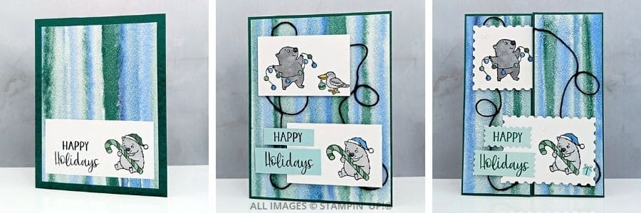 3 Cards Using the Joyful Friends Stamp Set featuring three handmade Christmas cards in Shaded Spruce, Pool Party, and Smoky Slate with stamped holiday animals.