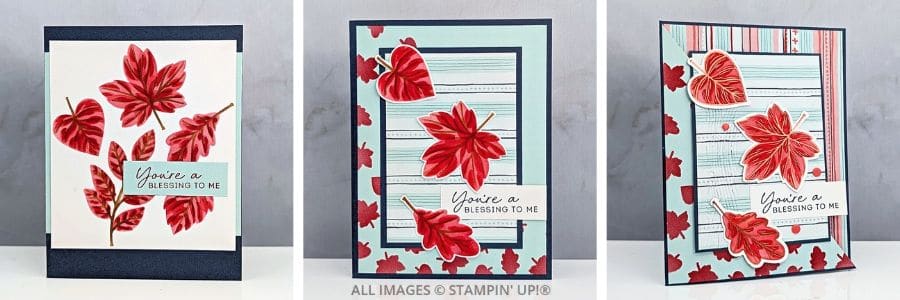 3 Cards using the Lustrous Leaves Hot Foil Bundle featuring three handmade leaf cards in Poppy Parade, Pool Party, and Secret Sea, progressing from a simple stamped design to a copper-foiled fun fold.