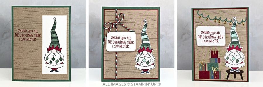 3 Cards using the Merry Mischief Bundle featuring three handmade gnome Christmas cards with woodgrain paper, holiday greetings, festive twine, gifts, and Christmas lights.