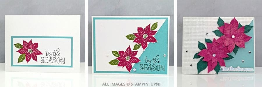 3 Cards Featuring the Pretty Poinsettia Bundle displayed in three designs with Melon Mambo flowers, Coastal Cabana accents, and layered poinsettias.