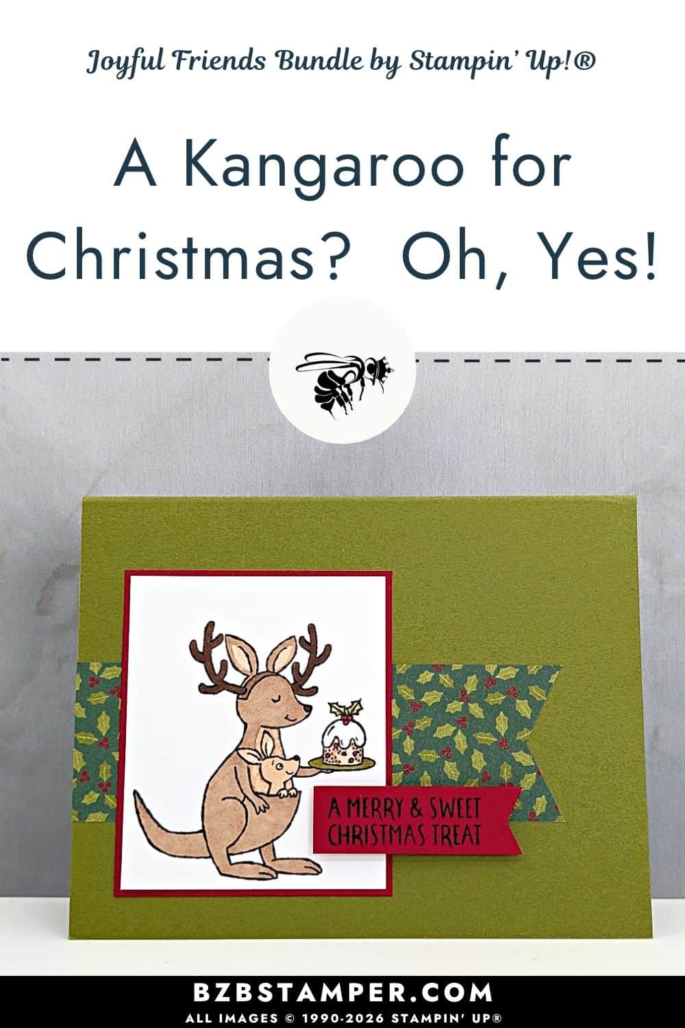 How to Make a Cute Kangaroo Christmas Card featuring a stamped kangaroo wearing reindeer antlers, a baby kangaroo in its pouch, holly-patterned paper, and an Old Olive card base.