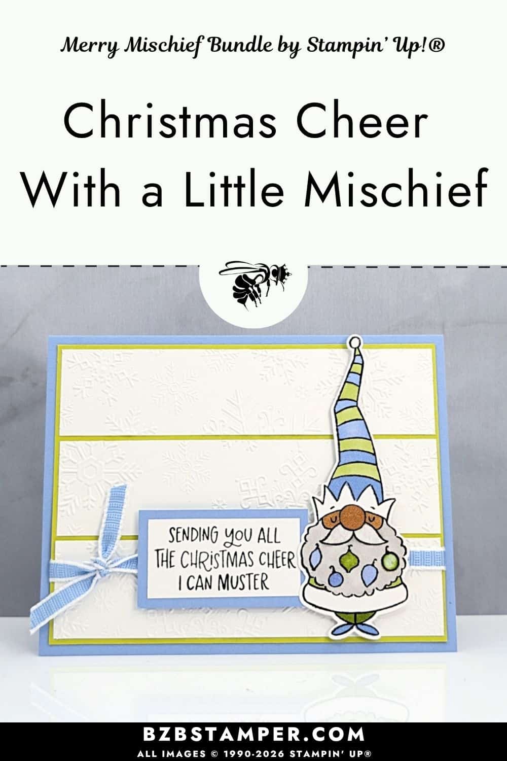 Funny gnome Christmas card featuring the Merry Mischief Bundle, a striped blue and green gnome hat, snowflake-embossed white background, blue ribbon, and humorous Christmas greeting.