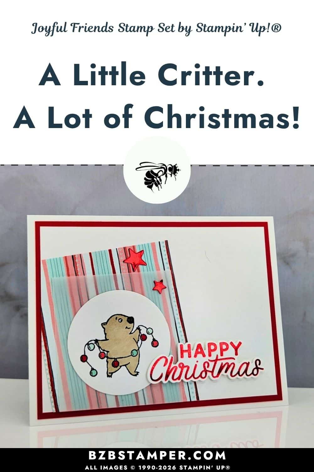 A Playful Christmas Card With Joyful Friends 5 Playful Christmas card with Joyful Friends Stamp Set featuring a critter tangled in colorful Christmas lights, red hot-foil Happy Christmas greeting, striped paper, and vellum.