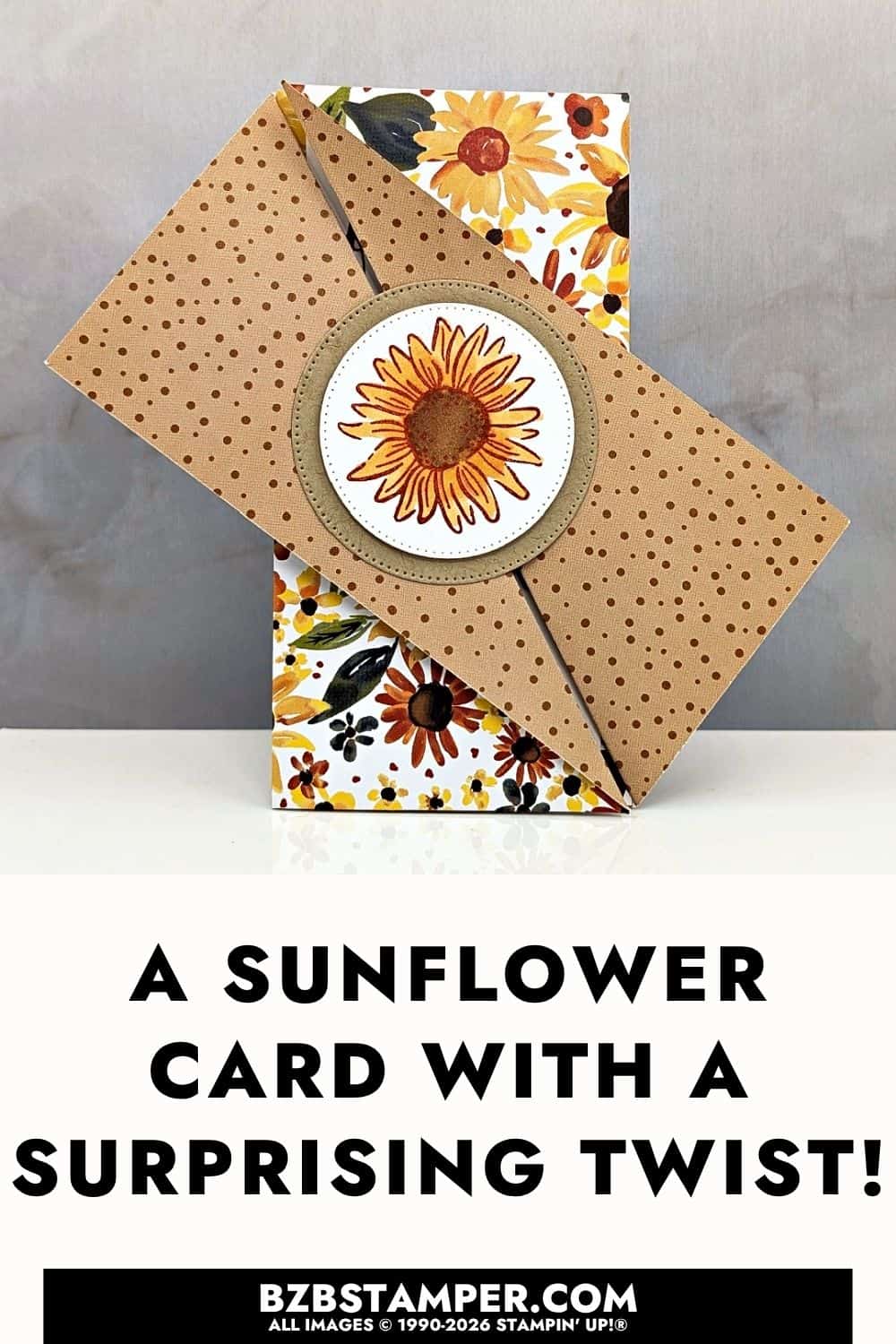 How to Make a Twisted Gate Fold Card featuring a stamped sunflower centerpiece, diagonal Crumb Cake panels, and colorful sunflower patterned paper.